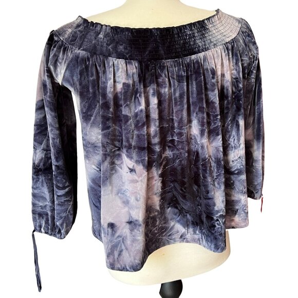 American Eagle Outfitters Velour Peasant Blouse Sz Small Blue Velvet Tie Dye - Picture 5 of 9